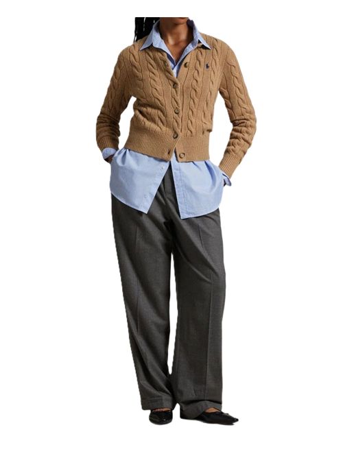 Cardigan girocollo in maglia di lana e cashmere a trecce color cammello con ricamo Pony Polo Ralph Lauren | 211-972104-001CAMEL MELANGE